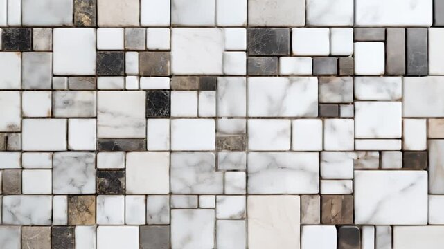Geometric wall surface featuring varying size squares in marble textures and neutral tones