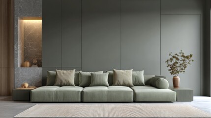 minimalist living room full view, sage green modular sofa, wall niche with hidden warm light, matte mocha wall, smooth textures, cozy balance