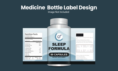 Editable medicine bottle label mockup featuring a sleep formula dietary supplement design with nutrition facts and directions for product branding.
