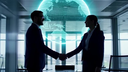 Business handshake in modern office with holographic globe - Powered by Adobe
