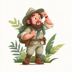 Fototapeta premium Cartoon Explorer with Backpack and Hat in Lush Jungle.
