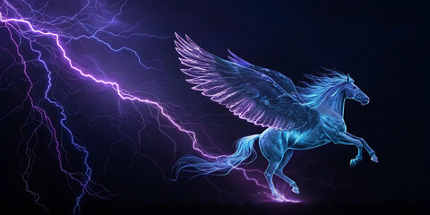 Pegasus made of electricity, dark purple lightning bolts in a dark, pitch black sky running through the scene left to right