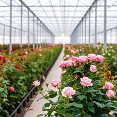 Greenhouse filled with rows of blooming roses