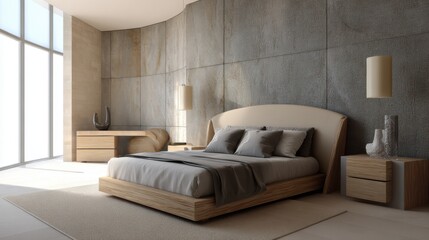 organic contemporary bedroom, curved headboard, clay wall, seamless nightstands, soft ambient light