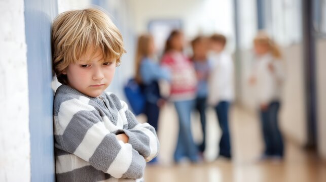 Sad, lonely boy with his arms crossed leaning against a wall in a school hallway with other children blurred in the background