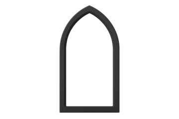 Dark grey gothic arched window frame isolated on transparent background