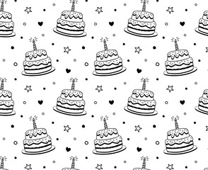 Seamless hand drawn doodle pattern with cute birthday cakes, candles, stars, and hearts. Black and white background. Perfect for wrapping paper, fabrics, textiles, packaging, wallpaper, and prints.

