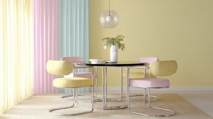 pastel retro 60s dining room, round chrome table, bubble lamp, pastel yellow wall, vintage chairs, light curtain