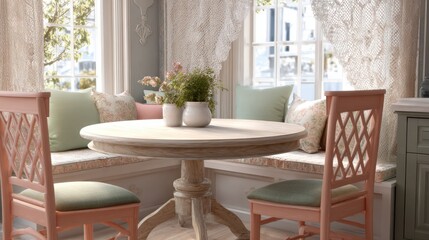 cottage dining nook, ultra detailed, round pine table, peach painted chairs, lace curtains, sage cushion bench, gentle daylight, balanced exposure