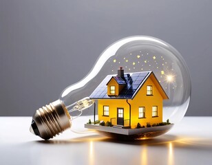 Miniature Cozy House Inside a Transparent Glass Light Bulb with Glowing Solar Panels