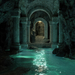 Ancient architectural ruins surrounded by turquoise water and dramatic lighting in an underground cave setting with stone columns and intricate details illuminating the path ahead.
