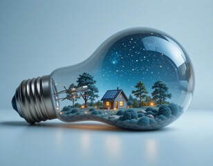 Miniature Cozy House Inside a Transparent Glass Light Bulb with Glowing Solar Panels