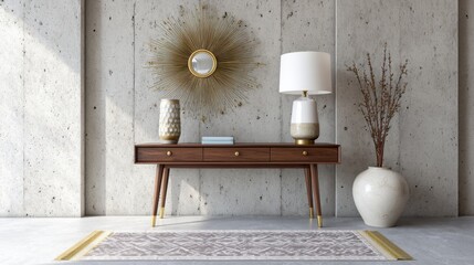 eclectic entryway, walnut console table, sunburst brass mirror, patterned runner rug, ceramic table lamp, concrete wall, balanced exposure, depth