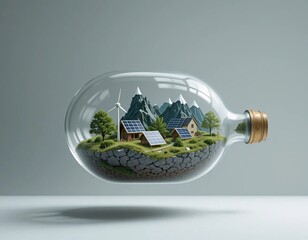 Miniature Cozy House Inside a Transparent Glass Light Bulb with Glowing Solar Panels