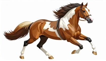 Fototapeta premium A powerful brown and white horse gallops with speed and grace, isolated on a clean white background.