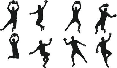 Basketball player silhouettes in action poses, dribbling, dunking, shooting, jumping, isolated on white background