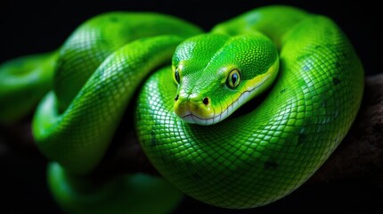 Fototapeta premium Bright green snake resting on a branch, showcasing its vibrant scales in a natural setting at dawn