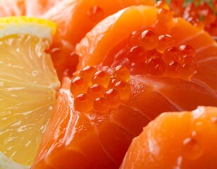 Fresh salmon slices topped with red caviar, next to a lemon wedge