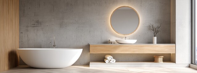 scandi contemporary bathroom, freestanding white bathtub, concrete wall, wooden vanity, round mirror with backlight, soft warm glow