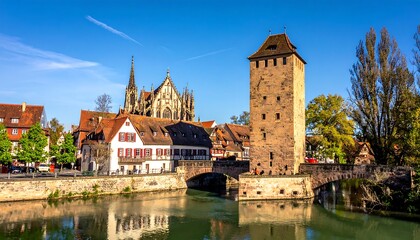 Fototapeta premium European city with river and historic buildings