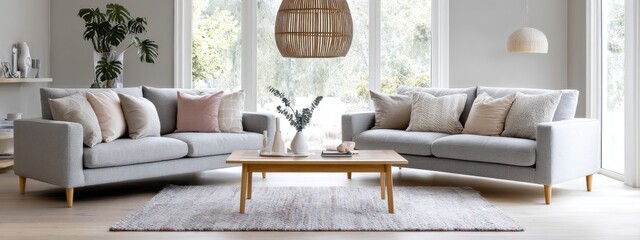 scandi contemporary living room, two sofas in gray and beige, pastel rug, pendant chandelier, oak coffee table, soft cozy light