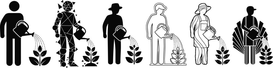 Gardening, watering, silhouette, geometric, farmer, line art, apron, plant, growth, nature, illustration, style, design, agriculture, icon