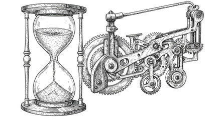 Steampunk mechanical gears and hourglass in detailed vintage engraving style