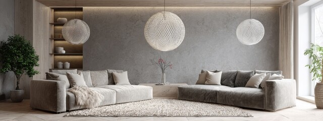scandi light loft living room, two sofas, large pendant sphere lamp, textured rug, concrete wall with built in niche lighting, cozy atmosphere