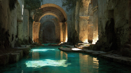 Ancient stone ruins surrounded by shimmering turquoise water reflecting soft light from above in a serene, peaceful atmosphere with beautiful arches and nature.