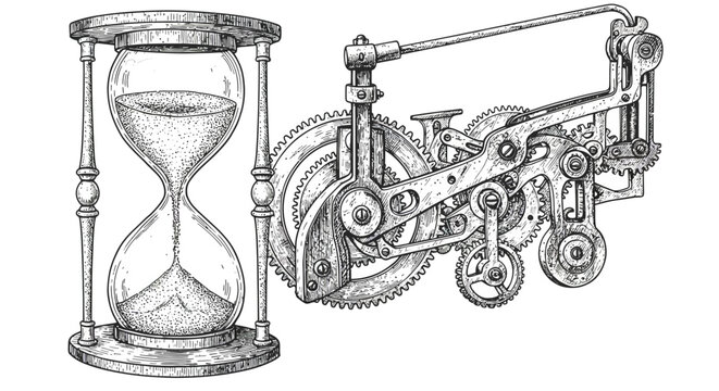 Steampunk mechanical gears and hourglass in detailed vintage engraving style