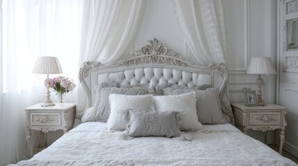 white baroque bedroom with ornate headboard, delicate lace curtains, carved nightstands, light embroidered bedding, vintage lamp, soft light