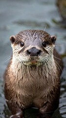 Close-up of an otter's face, appearing wet and alert, eyes looking directly at the viewer, against a blurred water background