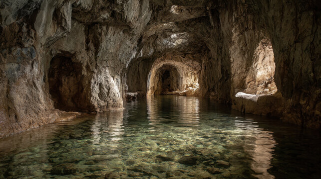 Crystal-clear water reflecting cave walls, tranquil underground river flowing through ancient rock formations illuminated by soft ambient light.