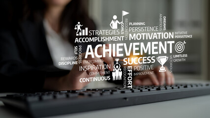 This image illustrates key concepts of achievement and motivation, showcasing essential words that inspire personal and professional growth in a modern office setting. Tessel
