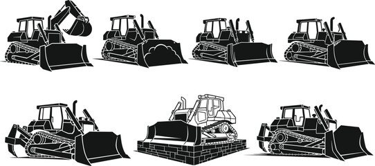 Bulldozer silhouettes set with heavy construction equipment, earthmoving machinery, crawler tractors, road building, excavation and industrial transport vector illustration © Rifat's World