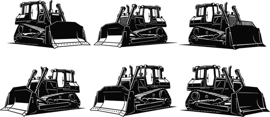 Bulldozer silhouettes, heavy construction equipment vector, crawler tractor illustration, industrial machinery graphic, earthmoving vehicle design, construction dozer transport silhouette set © Rifat's World