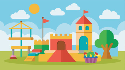 A section of the playground dedicated to imaginative play with a mini playhouse sandboxes and dressup clothes for the kids to engage in creative roleplaying.