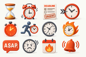 Time management icons representing urgency, deadlines, and busy schedules, illustrating the concept of time-sensitive tasks and efficient planning