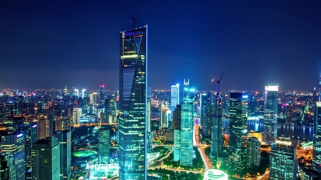 Aerial view of a vibrant metropolis at night, showcasing numerous skyscrapers illuminated in various colors, reflecting the city's dynamism