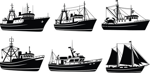 Fishing boats silhouettes set with trawlers, crab vessels, commercial fishing ships, and a traditional sailing boat for seafood industry design © Rifat's World