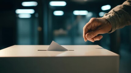 hand placing a paper into a white ballot box - Powered by Adobe