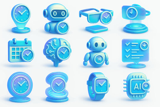 Time Management System 3D AI Robot and Clock Icons Set