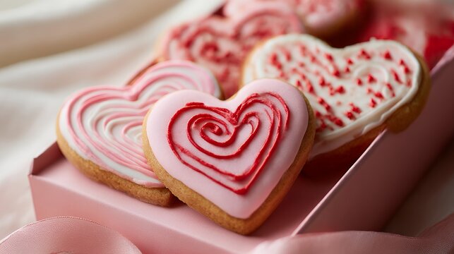 Delicately decorated heart-shaped cookies with pink and red icing rest in a soft pink gift box, tied with ribbon — a charming, edible expression of love for Valentine’s Day.