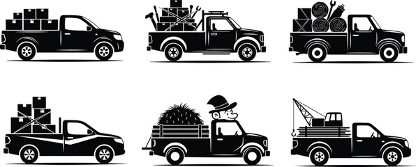 Pickup truck silhouette set with cargo, boxes, tools, hay, crane, and farm load for transport, logistics, and construction design © Rifat's World