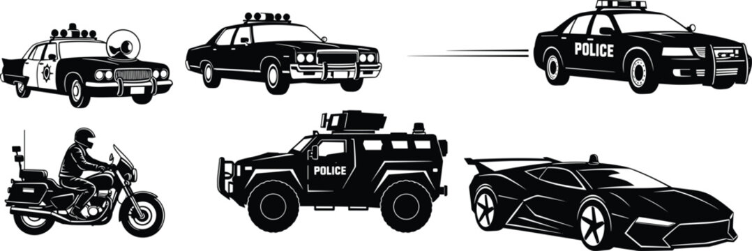 Police vehicles silhouettes set, including classic patrol cars, modern cop cars, motorcycle officer, armored SWAT truck, and pursuit sports car