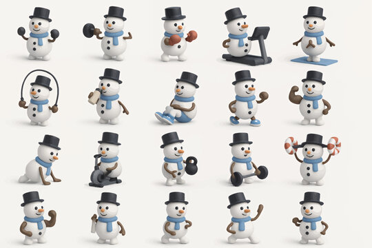 20 Unique 3D Rendered Snowman Fitness Characters Perfect for Winter Holiday Designs