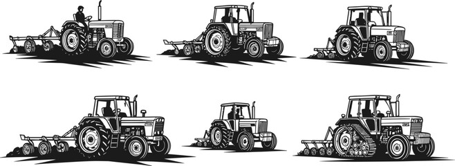 Tractor silhouette, farm vehicle vector, agricultural machinery clipart, plowing tractor illustration, farming equipment graphic, rural transport art, agriculture symbol, land cultivation design © Rifat's World