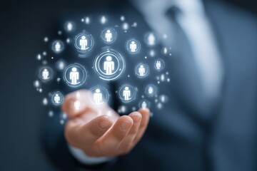 Businessman presenting digital network interface with connected human icons