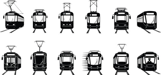 Tram and streetcar silhouette set with modern and vintage urban rail vehicles in front view for city transport design © Rifat's World