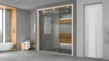 Modern Gray Bathroom Texture with Glass Shower and Wooden Accents for Elegant Interior Design